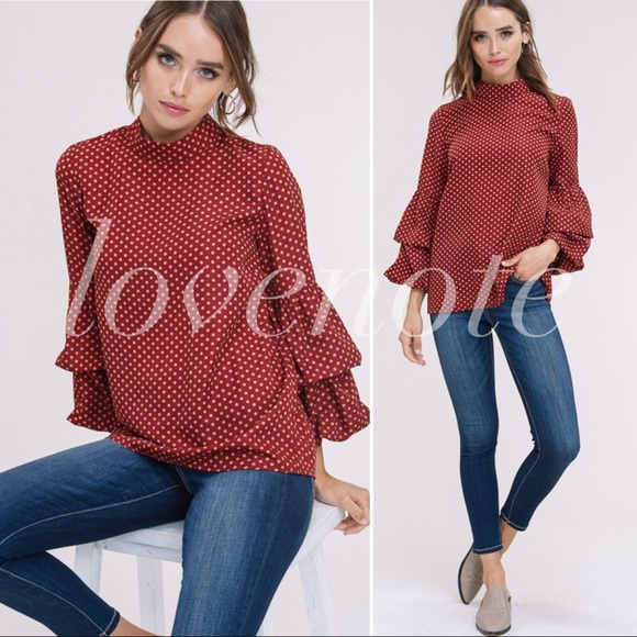 lovenote Tops - Maple Polka Dot Tiered Puff Ruffle Sleeve Blouse